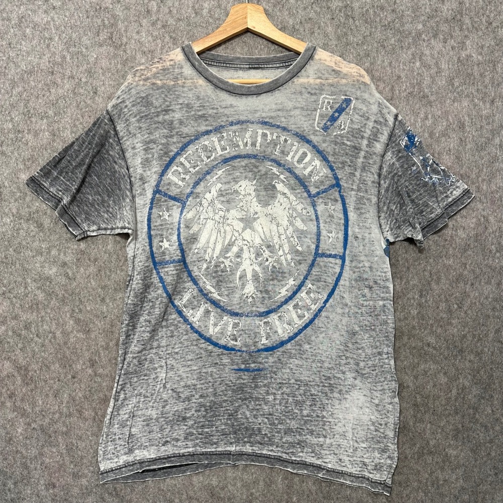 Raw State T-Shirt Mens Large Gray Acid Wash Redemption Live Free Graphic Tee L